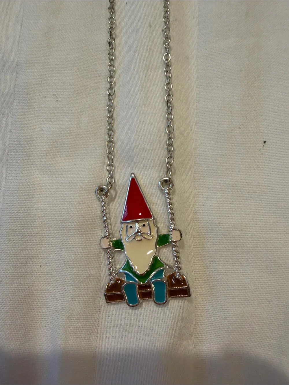 Silver-Tone Gnome Pendant Necklace with Red Hat and Green Outfit - Kids Jewelry